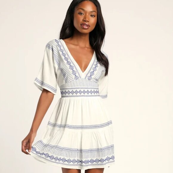 Lulus Dresses & Skirts - Lulus Gone to Greece White Embroidered Short Sleeve V-Neck Mini Dress, L